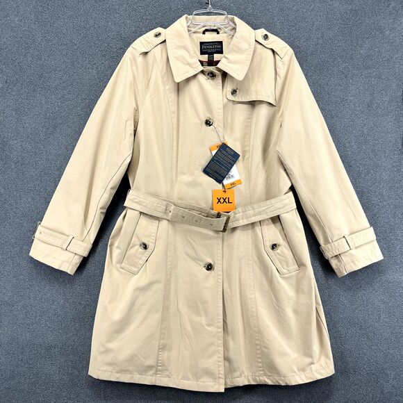 Pendleton Trench Coat Womens XXL Classic Tan Beige Plaid Lining Belted Buttons - Picture 3 of 16